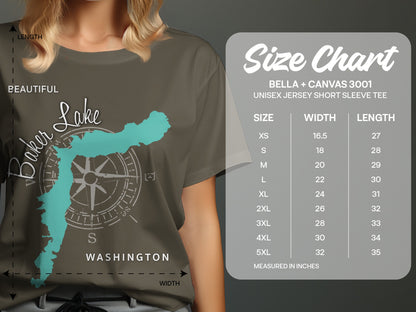 Baker Lake, Washington map graphic on a Bella + Canvas 3001 size chart.