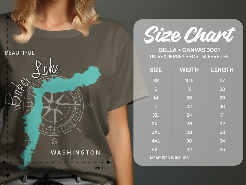 Baker Lake, Washington map graphic on a Bella + Canvas 3001 size chart.