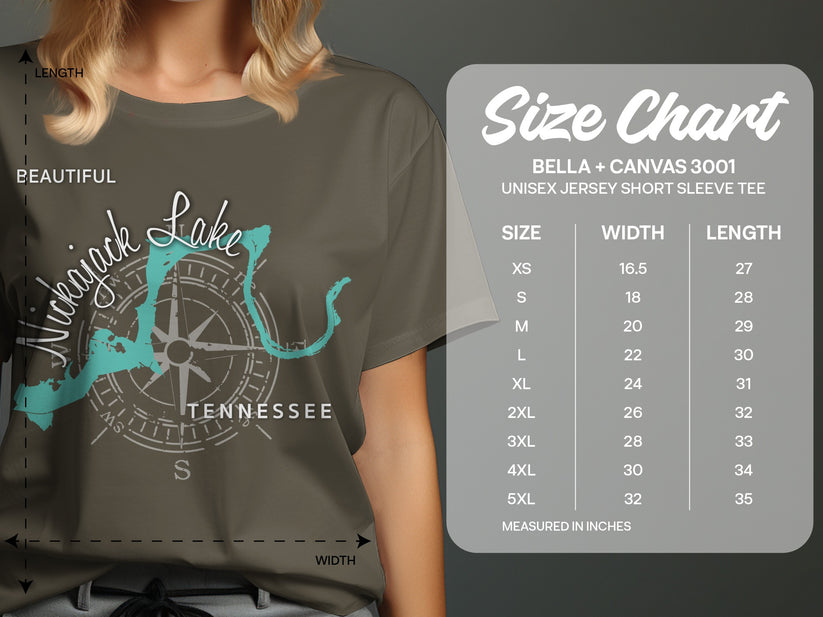 Bella + Canvas 3001 size chart with Nickajack Lake design and measurements.