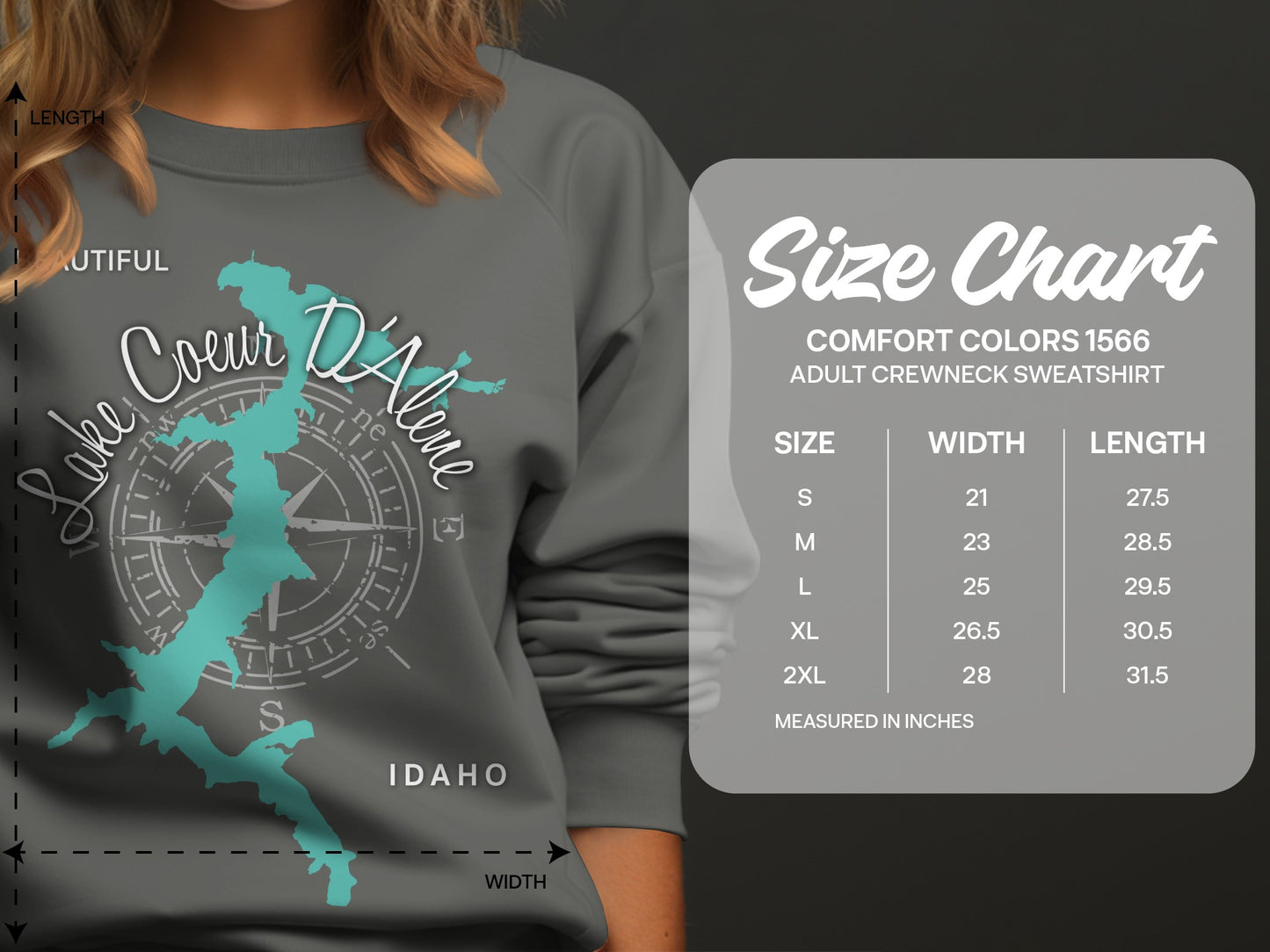 Adult sweatshirt size chart with Comfort Colors 1566 details.
