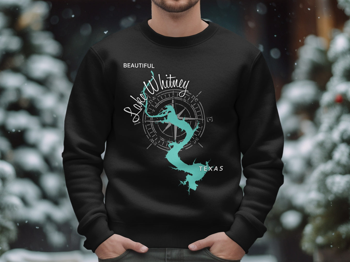 Black sweatshirt with Lake Whitney, Texas map graphic and compass rose.