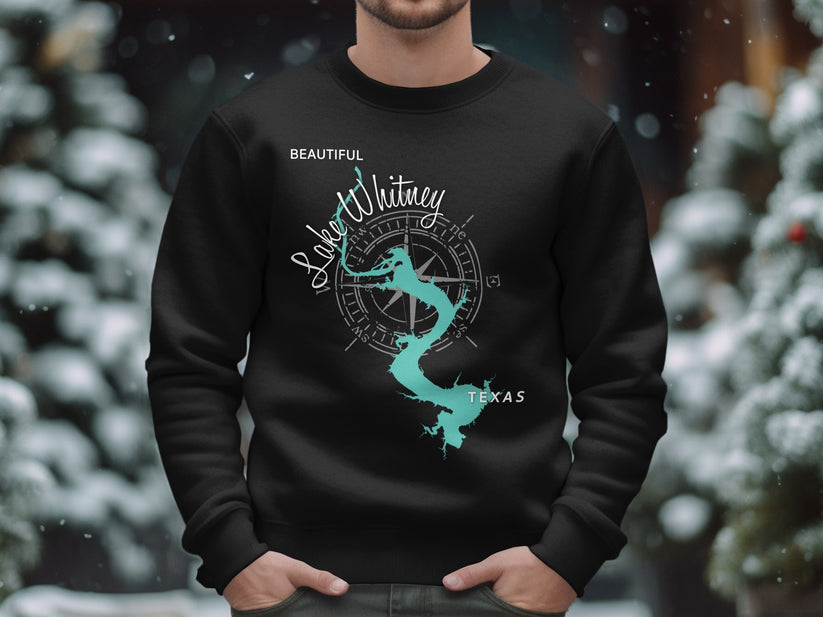 Black sweatshirt with Lake Whitney, Texas map graphic and compass rose.