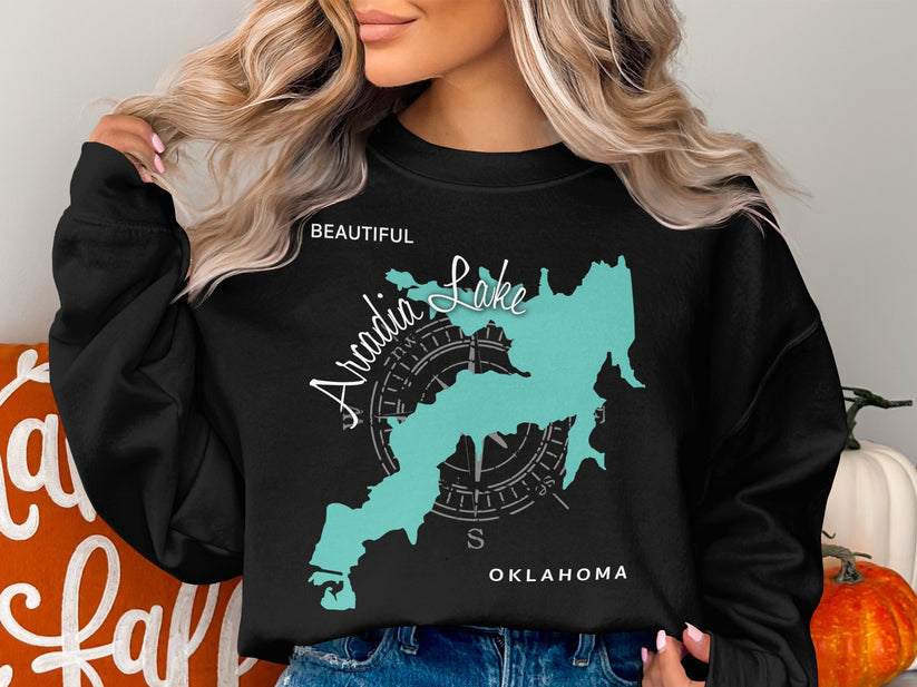 Black sweatshirt with a light blue map outline of Arcadia Lake, Oklahoma.