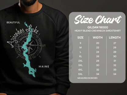 Lake graphic and Gildan 18000 sweatshirt size chart with measurements.