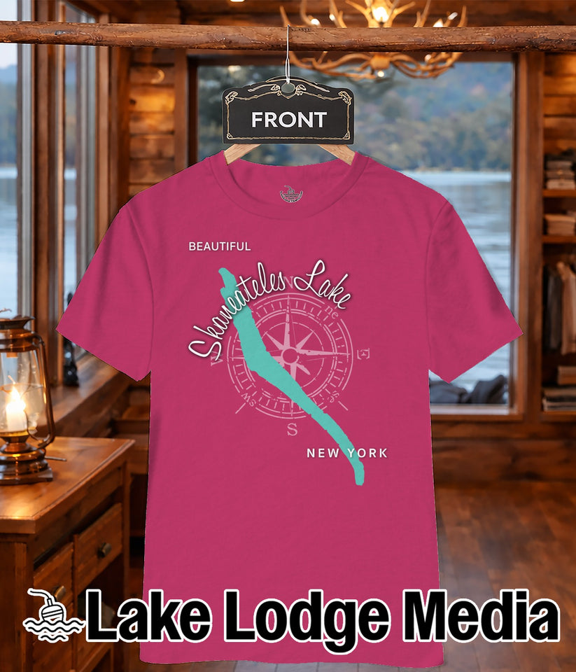 Pink t-shirt with "Beautiful Skaneateles Lake New York" text and compass design.