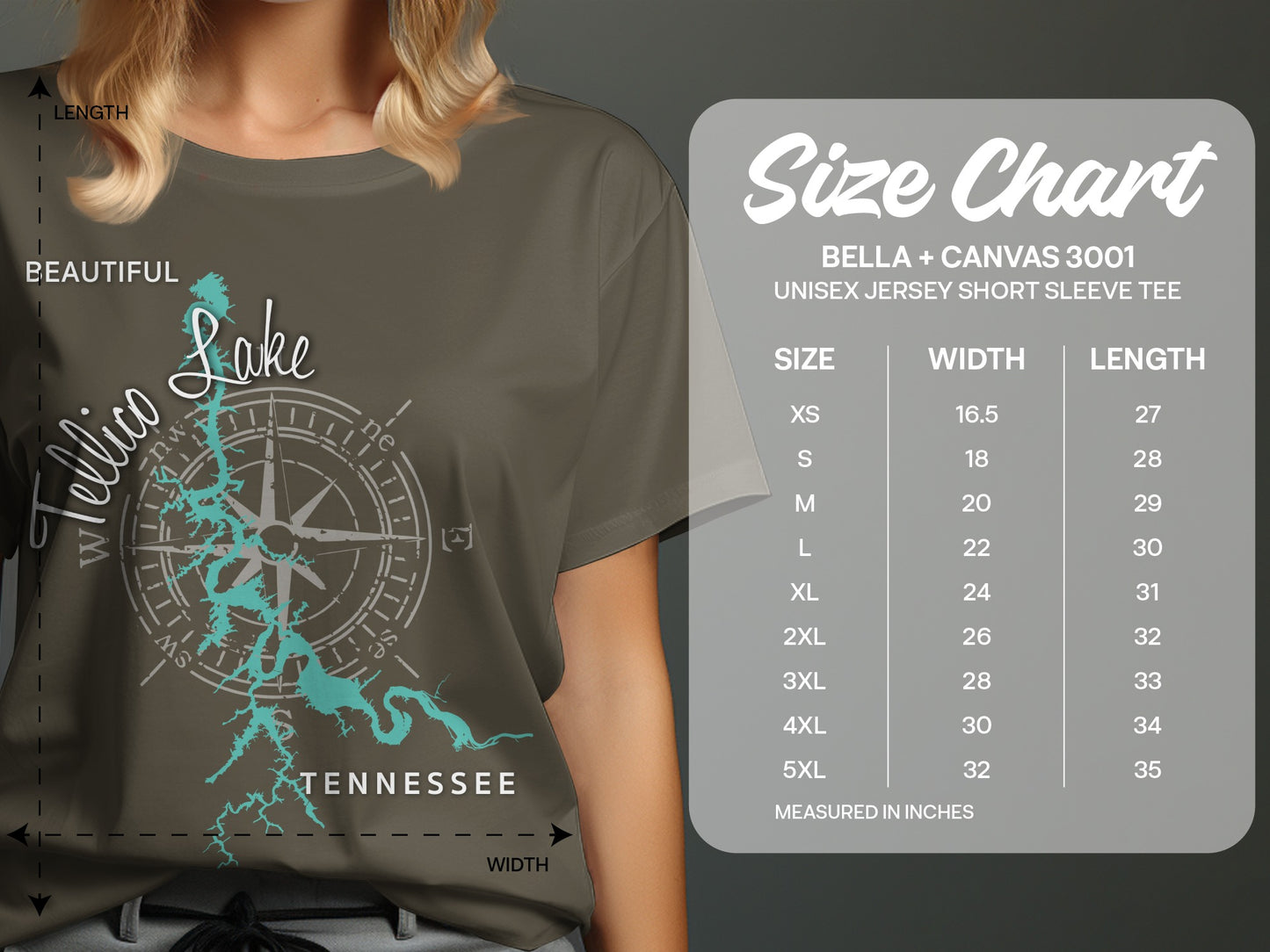 T-shirt with "Beautiful Tellico Lake Tennessee" map and compass, alongside a size chart.