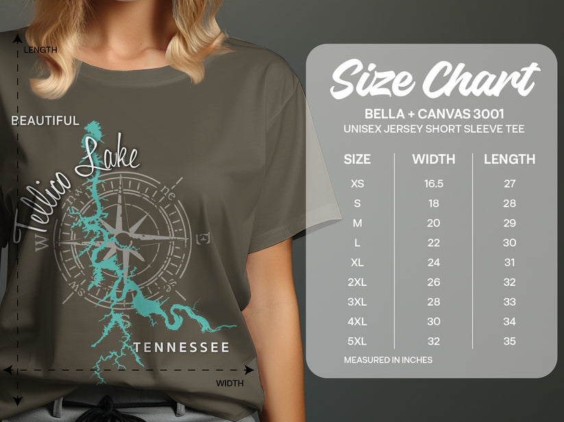 T-shirt with "Beautiful Tellico Lake Tennessee" map and compass, alongside a size chart.