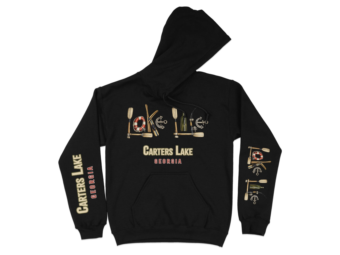 Black hoodie with "Carters Lake Georgia" text and nautical graphics.