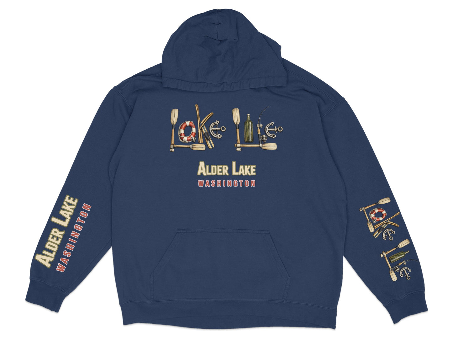 Navy hoodie with "Alder Lake Washington" text and nautical graphic elements.