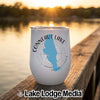 A white insulated wine tumbler featuring a blue map of Conneaut Lake, Pennsylvania, sits on a wooden dock.