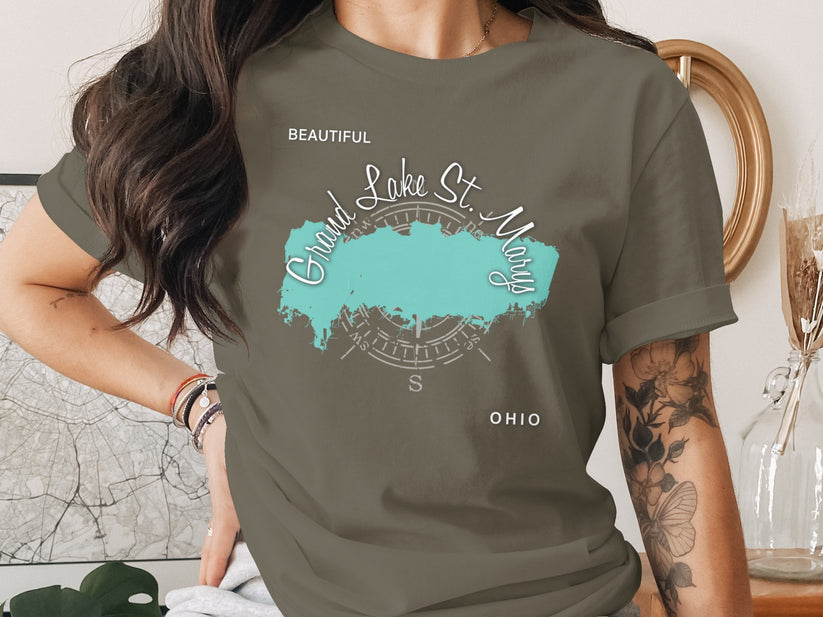 T-shirt with "Grand Lake St. Marys Ohio" map graphic and compass.