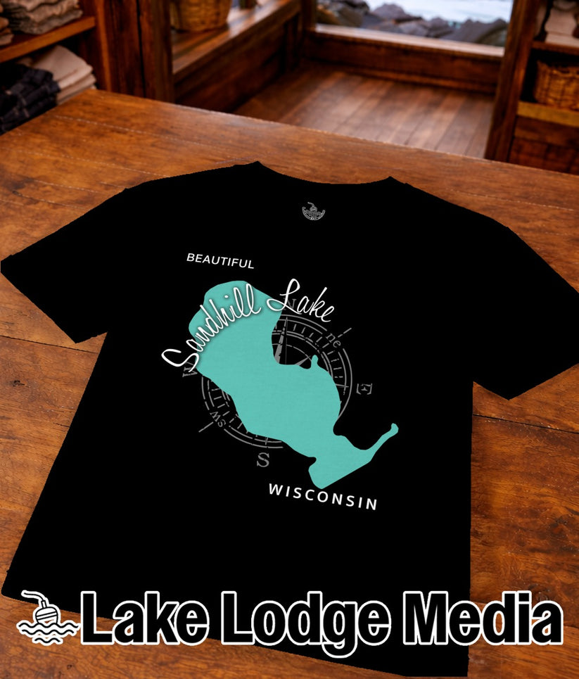 Black t-shirt with teal Sandhill Lake Wisconsin graphic and compass rose.