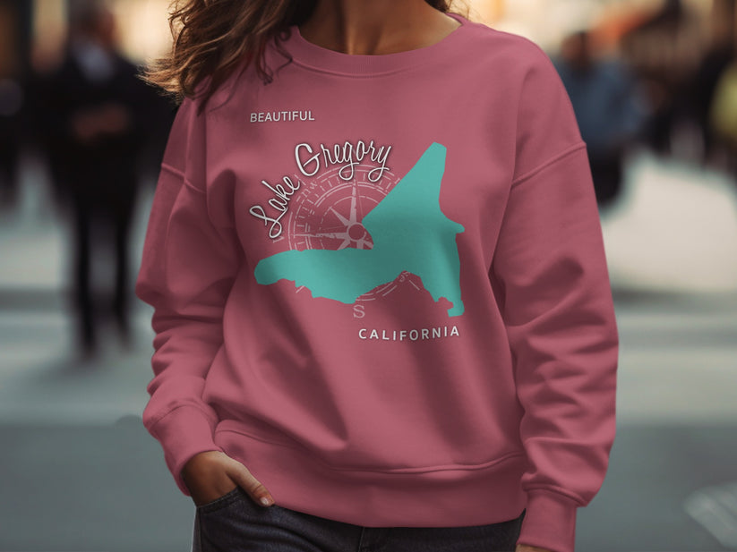 Teal Lake Gregory California map outline on pink sweatshirt.