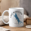 White mug with a blue Lake Berryessa map and compass design, California.