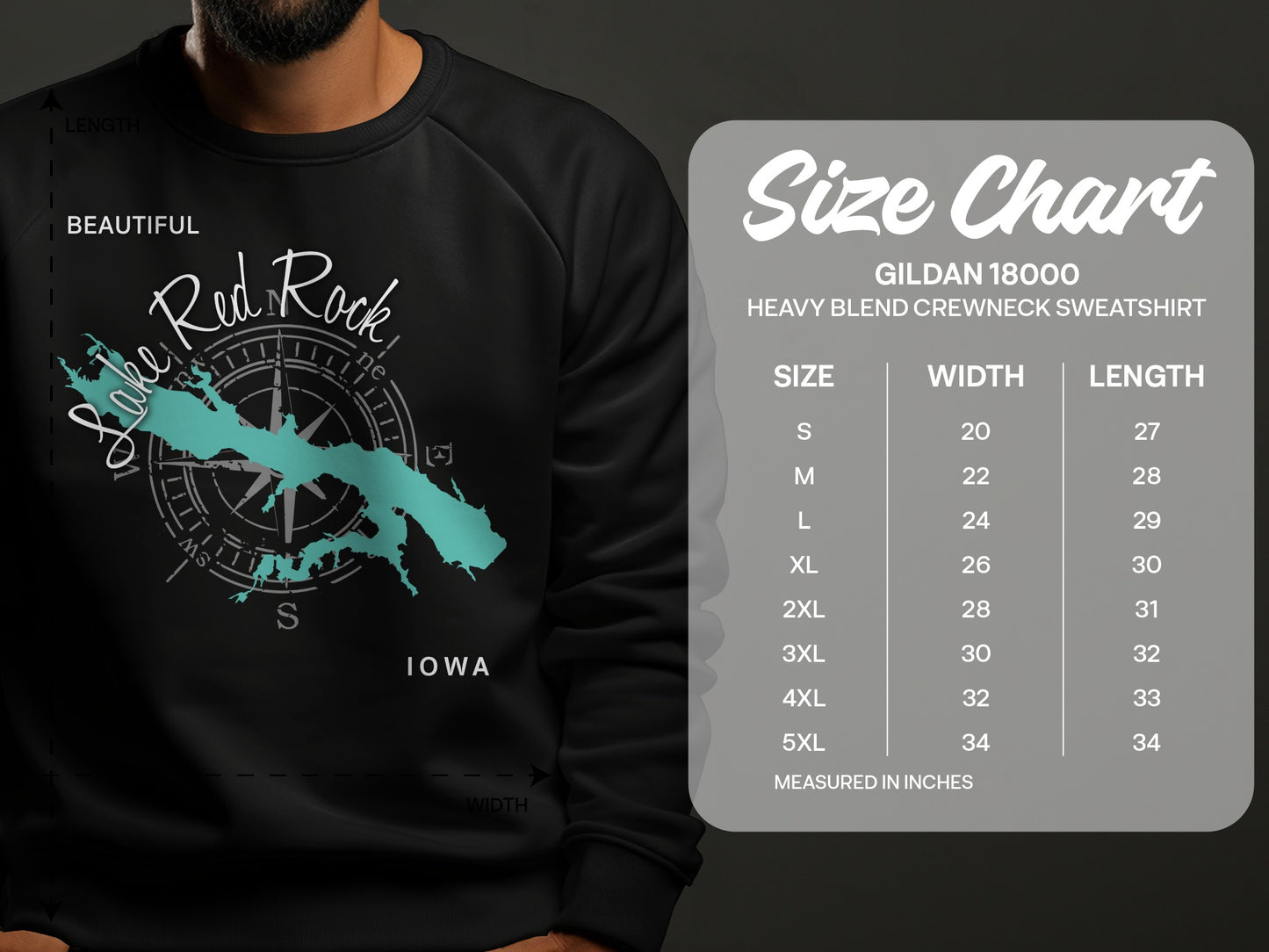 Gildan 18000 sweatshirt size chart with Lake Red Rock graphic.