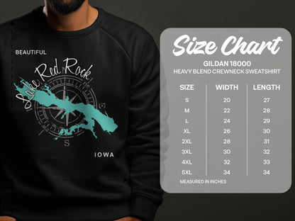 Gildan 18000 sweatshirt size chart with Lake Red Rock graphic.