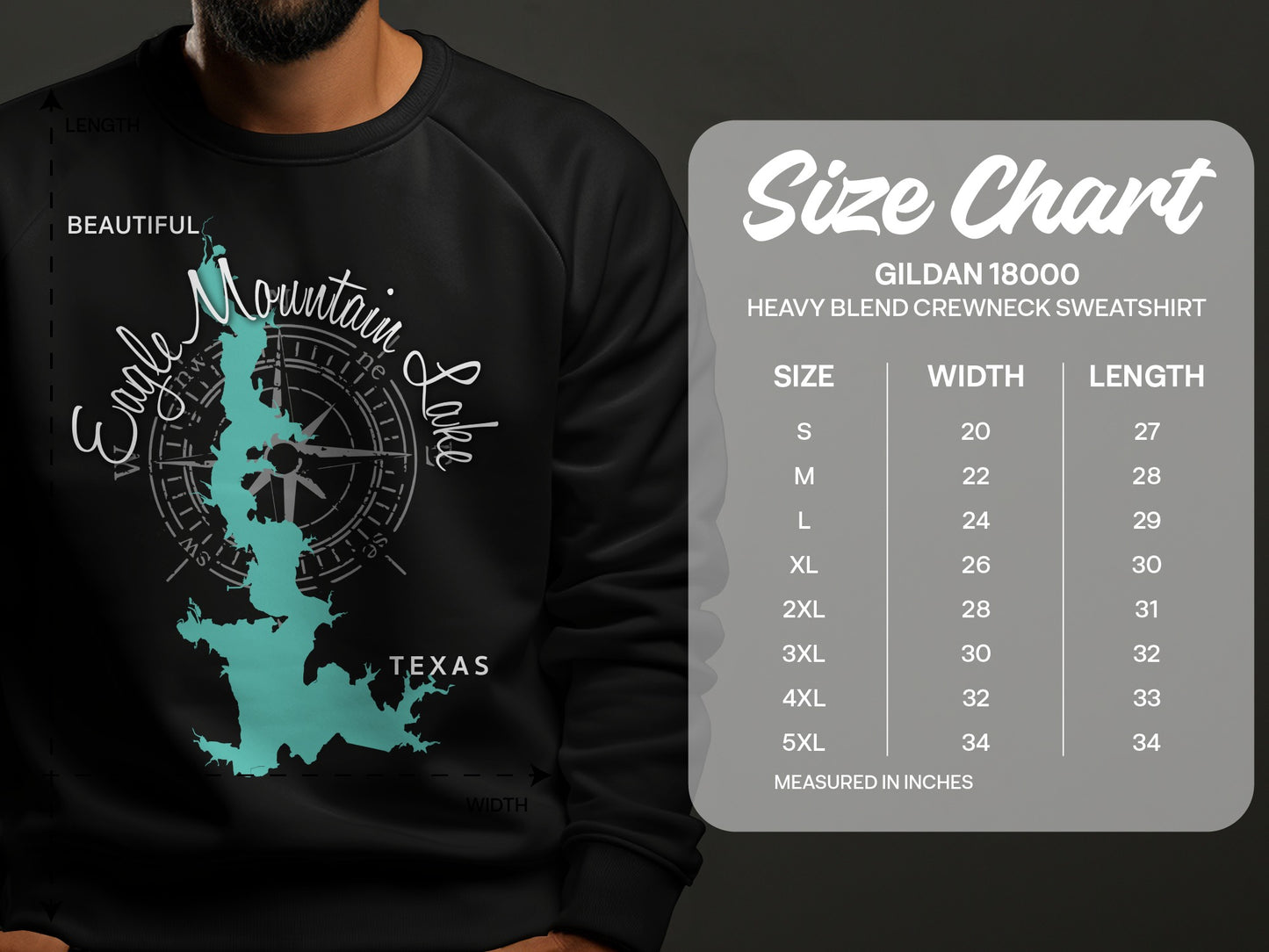 Crewneck sweatshirt size chart with graphic of Eagle Mountain Lake, Texas.