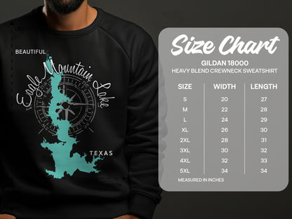 Crewneck sweatshirt size chart with graphic of Eagle Mountain Lake, Texas.