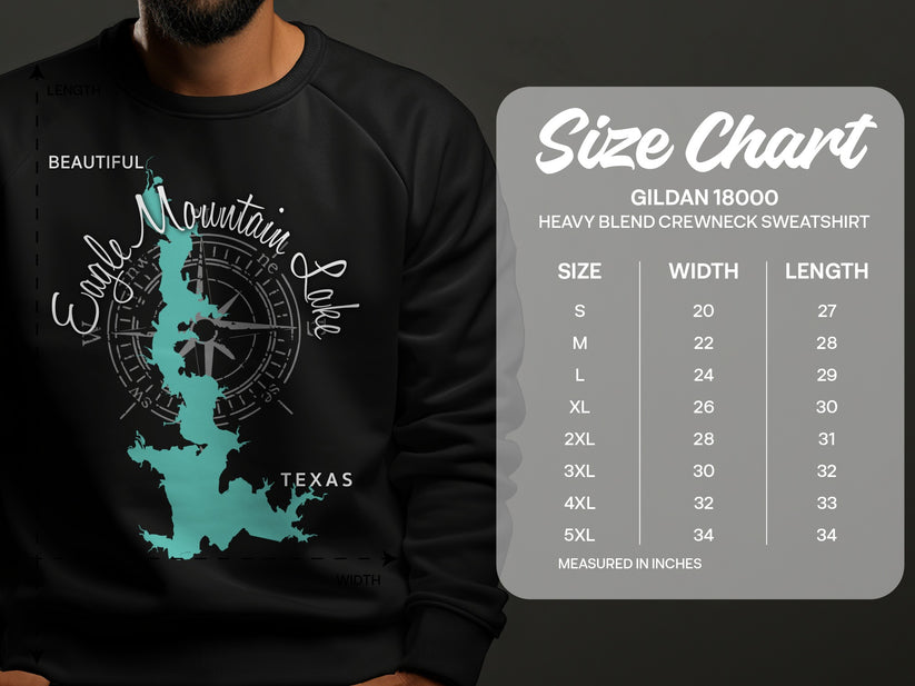 Crewneck sweatshirt size chart with graphic of Eagle Mountain Lake, Texas.