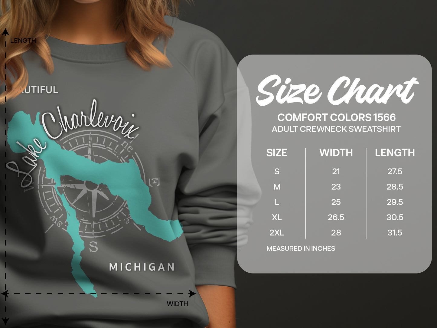 Adult crewneck sweatshirt size chart for Comfort Colors 1566.