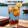 Glass of iced tea with blue lake outline and compass design.