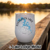 White insulated travel tumbler with a blue map and compass design for Evergreen Lake, Illinois.