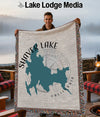 Woven blanket with Shaver Lake, California map design and compass.