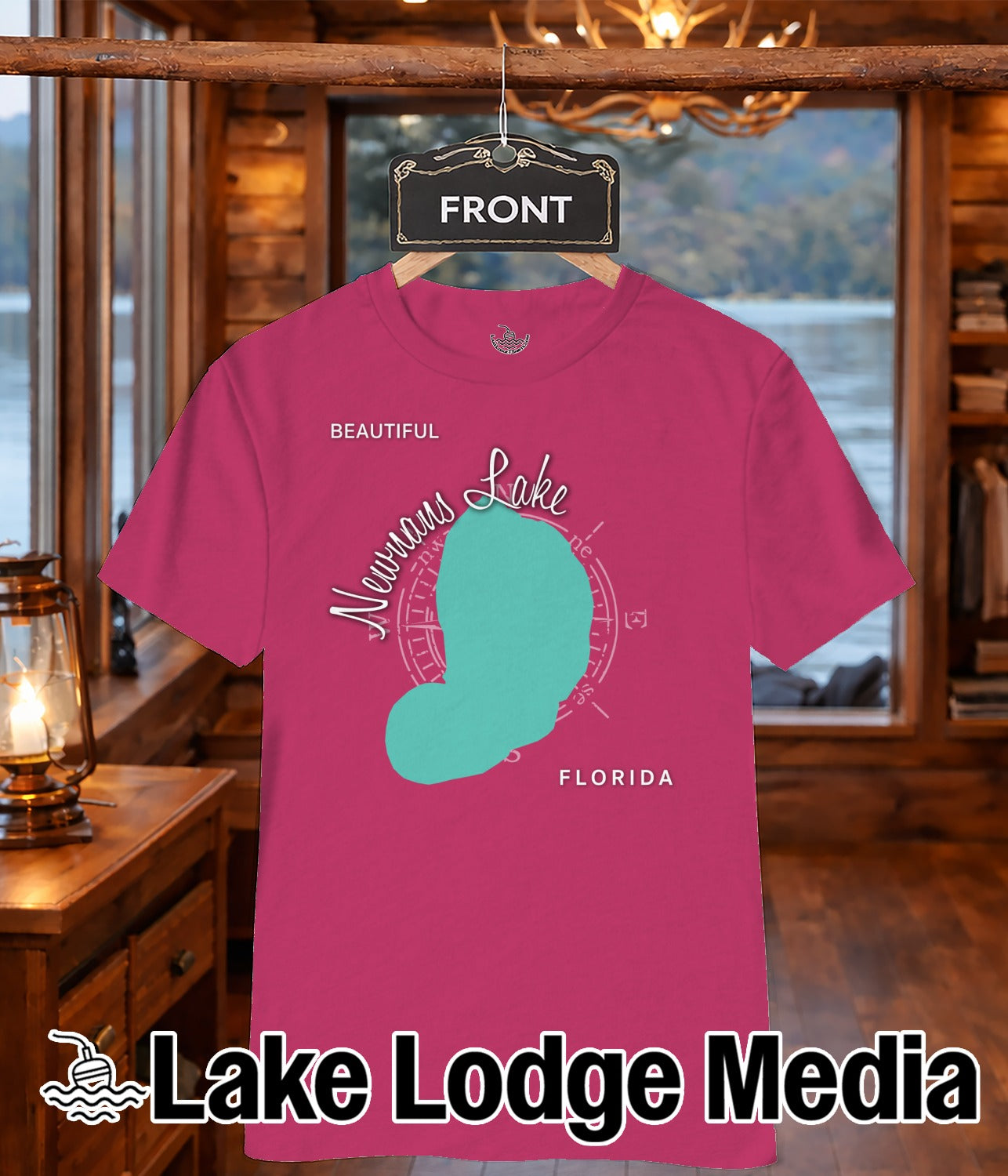 Pink t-shirt with "Newnan Lake" and Florida map graphic.