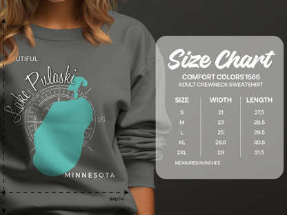 Lake Superior "Beautiful Minnesota" graphic on gray Comfort Colors sweatshirt size chart.