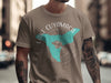 Taupe t-shirt with a turquoise Lake Cuyamaca map and California compass graphic.