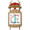 Wooden sled ornament with red runners and a sign reading "Merry Christmas From Mosquito Creek."