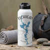 White water bottle with "TICHIGAN" text and blue map graphic, beside rolled towel and duffel.