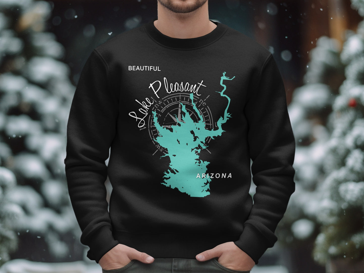 Black sweatshirt with a turquoise map of Lake Pleasant, Arizona, and compass graphic.