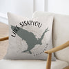 Pillow with Lake Siskiyou map outline and "CALIFORNIA" text on a chair.