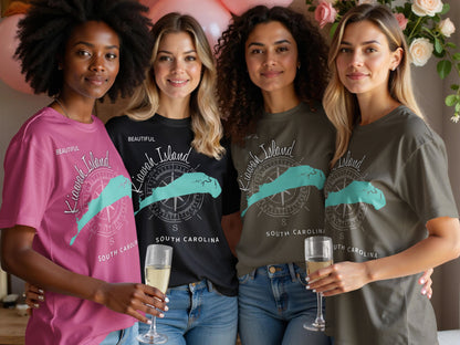 Four women wearing t-shirts with "Kiawah Island South Carolina" and a compass rose graphic.