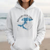White hoodie with Silverwood Lake California map and compass design.