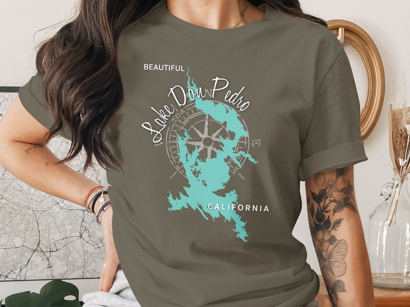 T-shirt with a compass rose graphic and map outline of Lake Don Pedro, California.