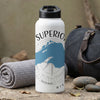 White water bottle with "Superior" text and blue map of Michigan's UP.
