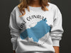 White sweatshirt with blue Lake Quinault Washington map and compass design.
