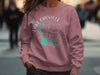 Rose crewneck sweatshirt with Lake Oroville, California compass graphic.