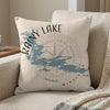 Pillow with blue Rainy Lake, Minnesota map and compass design.