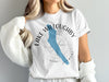 White t-shirt with Lake Willoughby Vermont graphic and compass rose.