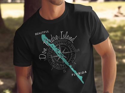 Don Pedro Island Florida compass design on black t-shirt.