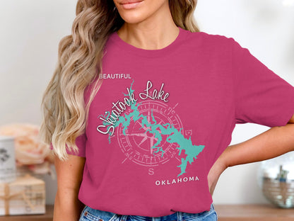 Skatook Lake Oklahoma compass rose graphic on a pink t-shirt.