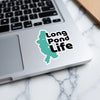 Turquoise lake shape sticker with text "Long Pond Life" on a laptop.