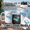 White mug, black tumbler, and white bottle with customized lake graphics.