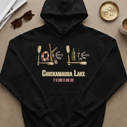 Black hoodie with "Chickamauga Lake Tennessee" and nautical graphic.