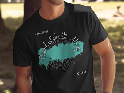Black t-shirt with Grand Lake St. Marys Ohio graphic and compass rose.