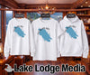 White sweatshirt, short sleeve shirt, and hoodie with Georgian Bay map graphic.