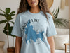 Light blue t-shirt with Shaver Lake California map and compass graphic.